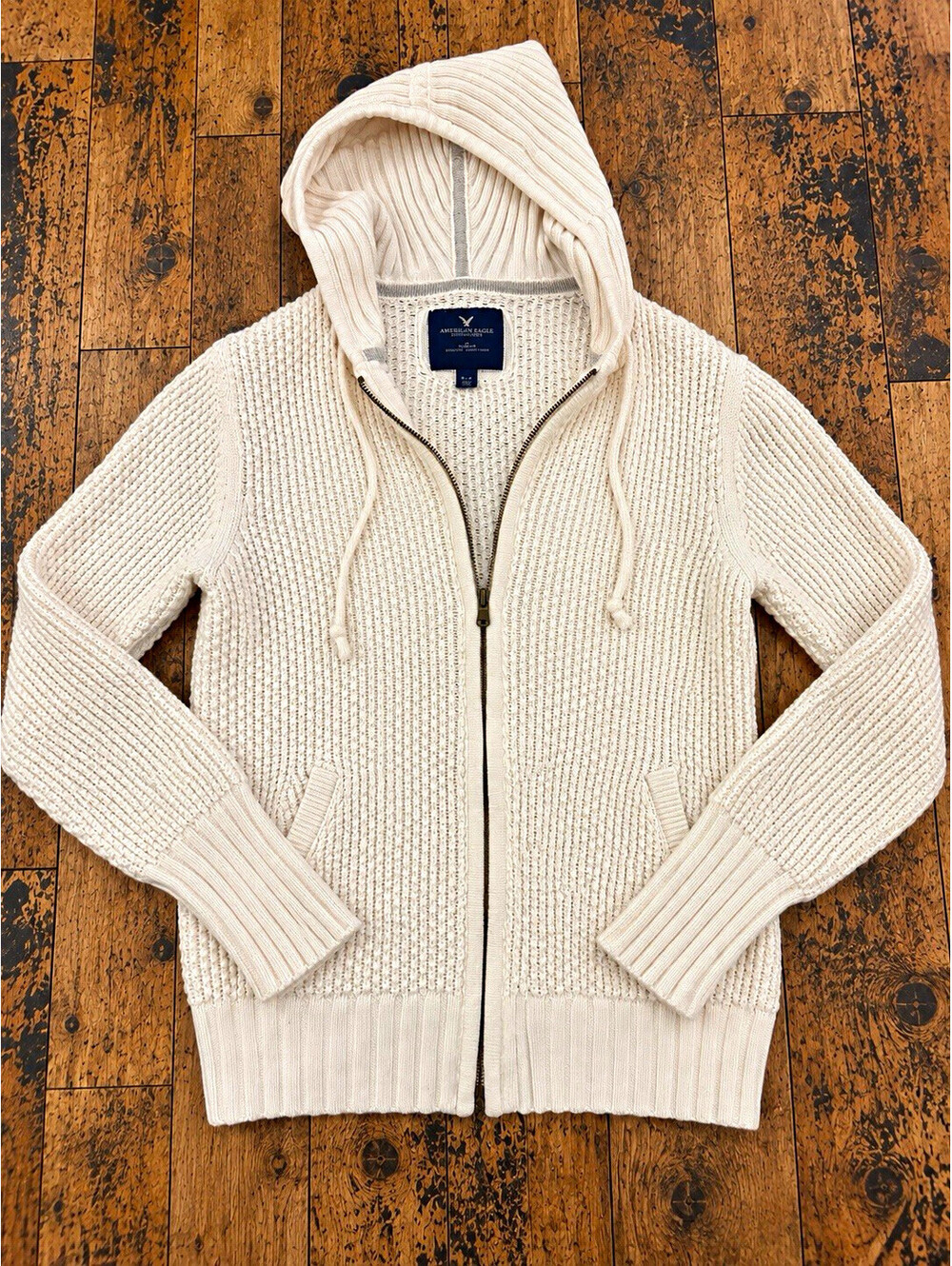 American Eagle Outfitters Ivory Cotton Knit Full Zip Hoodie Pockets Medium